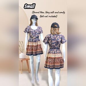 Boho Floral Blue and Orange Mini Dress